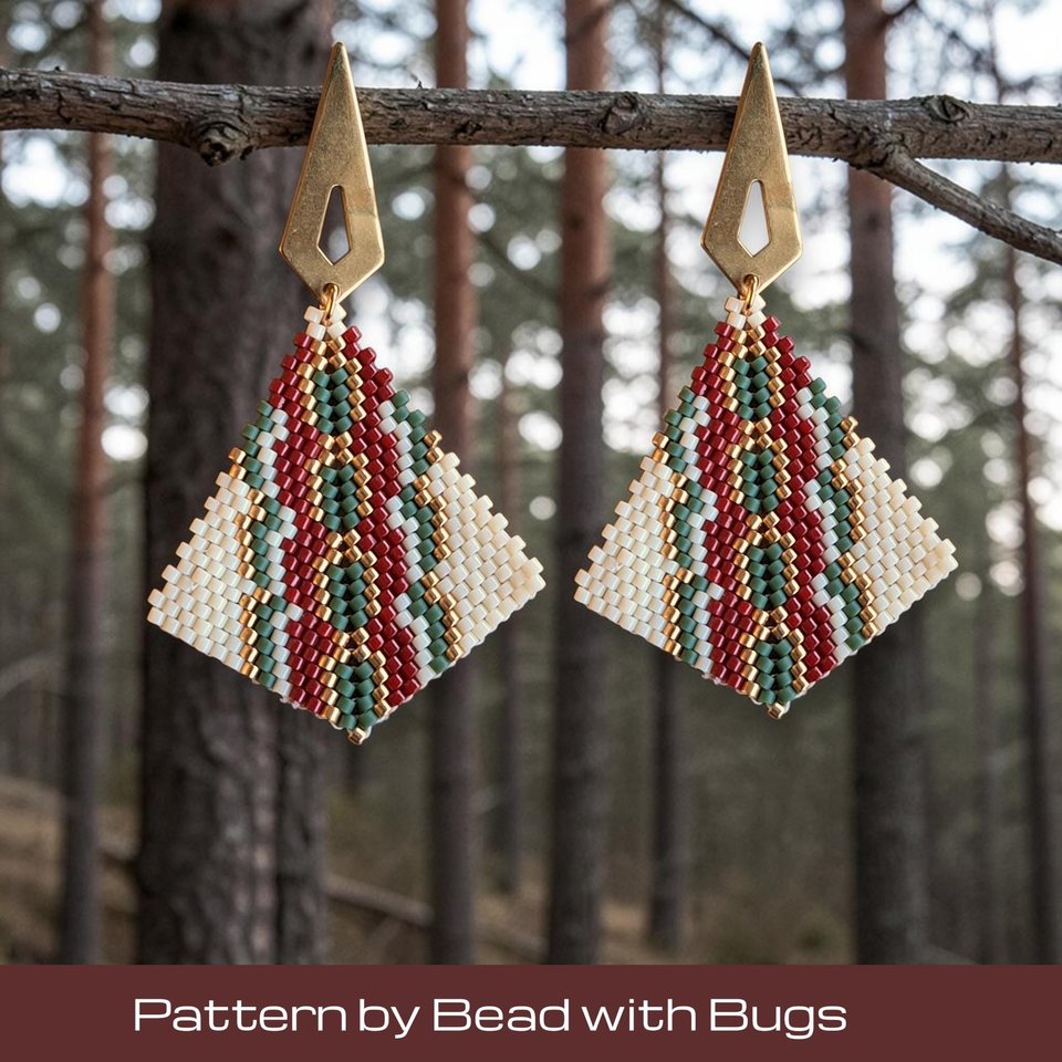 Peyote Stitch, Kite Earring Beading Pattern by Bead with Bugs, FOREST HEAT