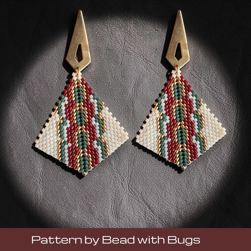 Peyote Stitch, Kite Earring Beading Pattern by Bead with Bugs, FOREST HEAT
