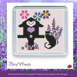 LAVENDER BIRD HOUSE: Peyote Stitch Beaded Coaster Pattern by Bead with Bugs