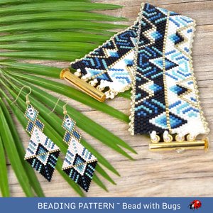 Peyote Stitch Beaded Bracelet an Earrings Pattern Set, OPPOSITES ATTRACT, a geometric bracelet and earring set in cool blues, pdf