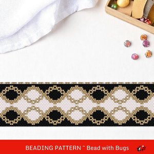 Peyote Stitch WIDE Beaded Bracelet Pattern by Bead with Bugs, Black White and Gold, PDF
