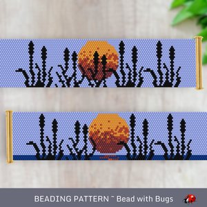 Peyote Stitch WIDE Beaded Bracelet Pattern by Bead with Bugs, Bullrushes, PDF