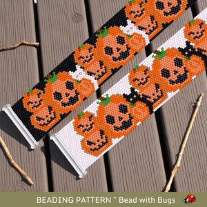Peyote Stitch Beaded Bracelet Pattern by Bead with Bugs, Jack O Lanterns with Cats, PDF