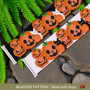 Peyote Stitch Beaded Bracelet Pattern by Bead with Bugs, Jack O Lanterns with Cats, PDF