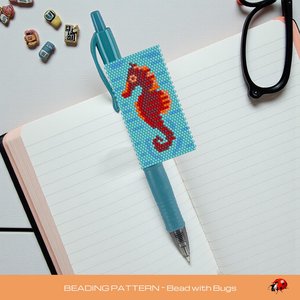 Peyote Stitch Beaded Pen Wrap by Bead with Bugs, SEAHORSE, Beaded Pen Wrap Cover for a Pilot G2 Pen