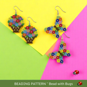 FLOWER POT & BUTTERFY:  Brick Stitch Beaded Earrings Pattern by Bead with Bugs