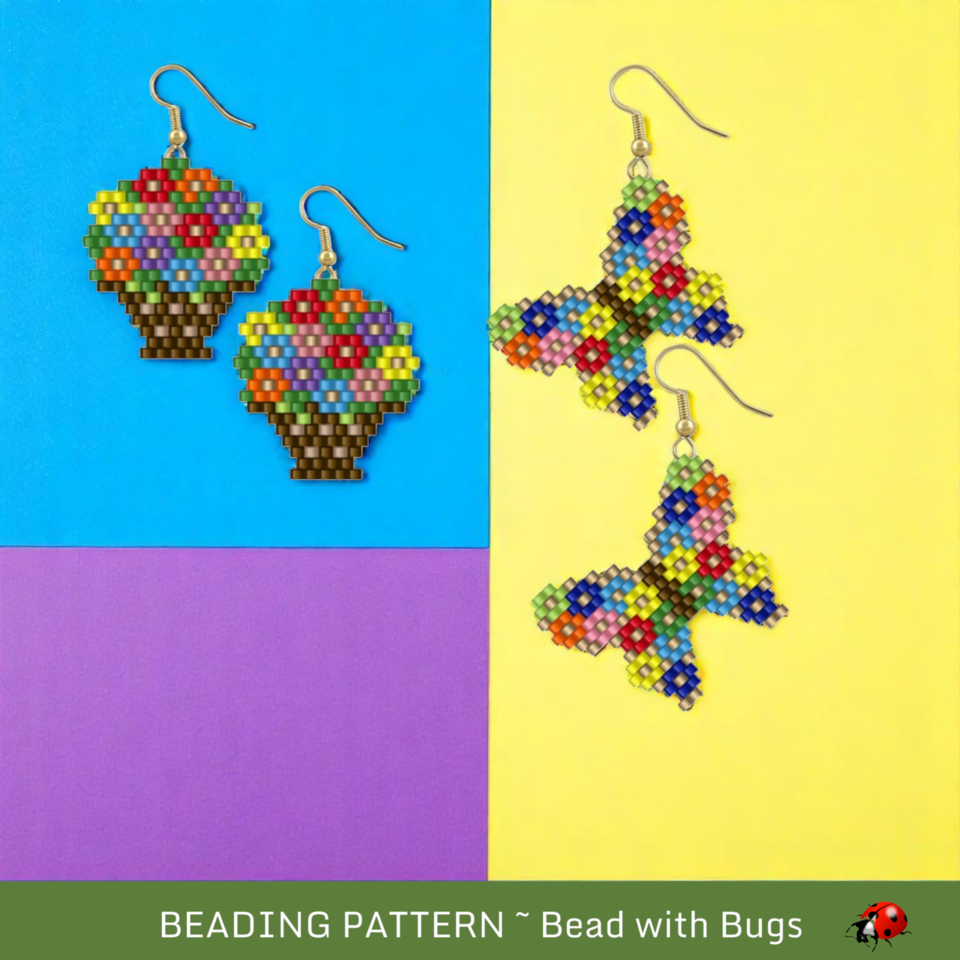 FLOWER POT & BUTTERFY:  Brick Stitch Beaded Earrings Pattern by Bead with Bugs