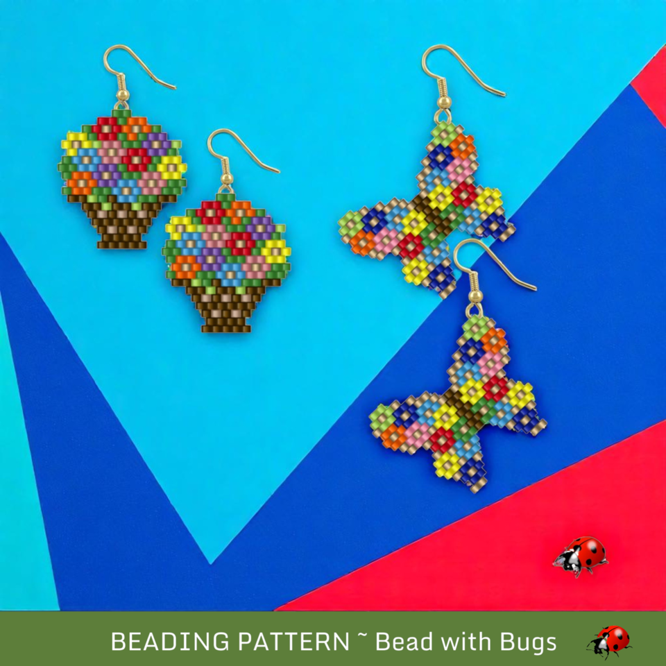 FLOWER POT & BUTTERFY:  Brick Stitch Beaded Earrings Pattern by Bead with Bugs