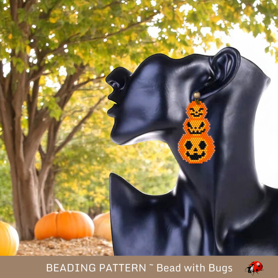 STACKED JACK O'LANTERN:  Brick Stitch Beaded Earrings Pattern by Bead with Bugs