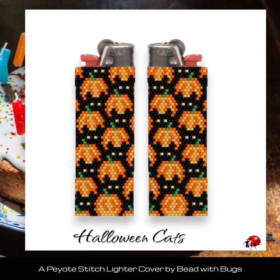 HALLOWEEN CATS:  Peyote Stitch Beaded Lighter Cover by Bead with Bugs