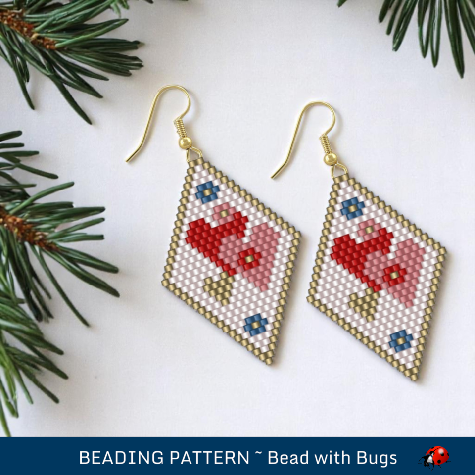 Brick Stitch Earring Pattern by Bead with Bugs, SWEETHEART, Valentines Day design downloadable PDF