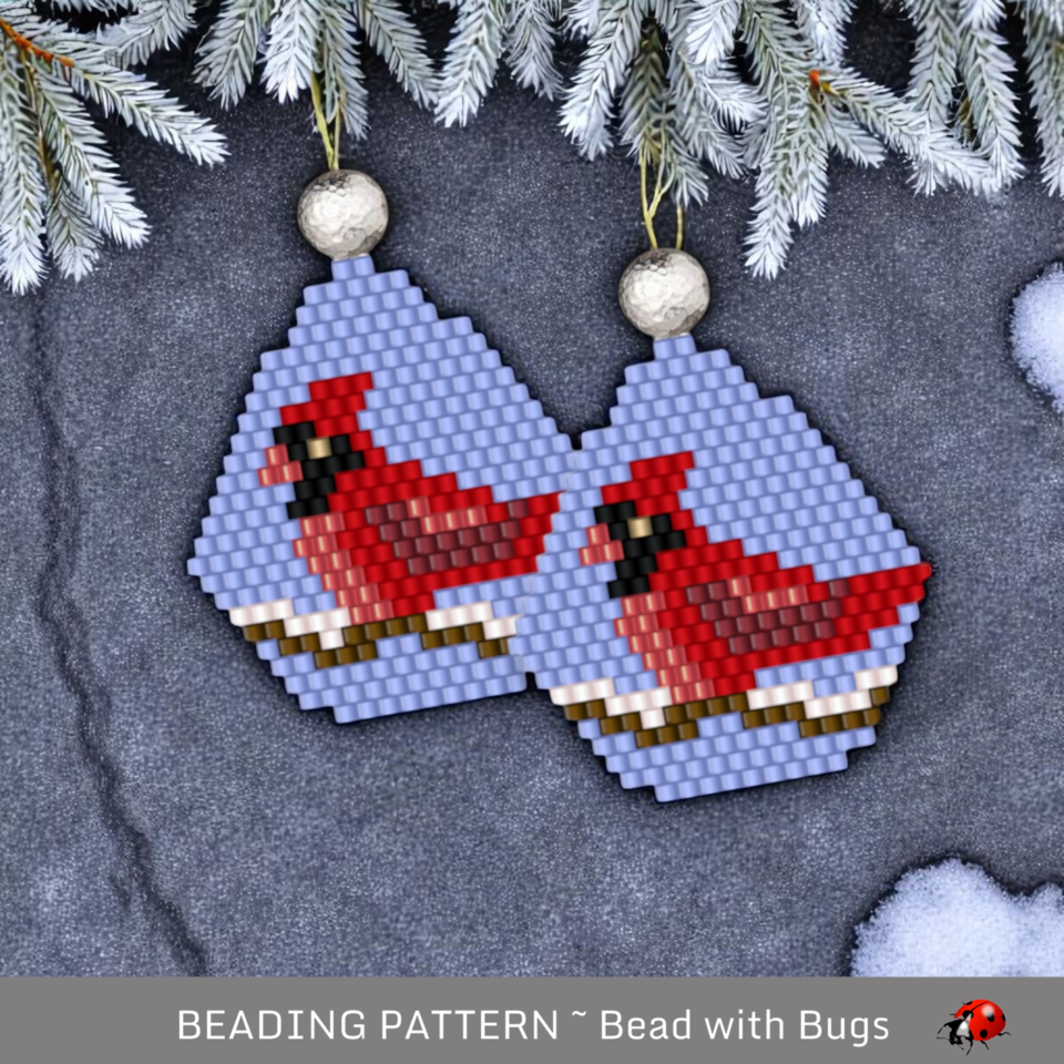 WINTER CARDINAL:  Brick Stitch Beaded Earrings Pattern by Bead with Bugs