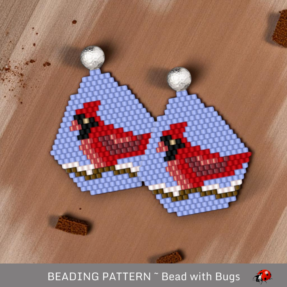 WINTER CARDINAL:  Brick Stitch Beaded Earrings Pattern by Bead with Bugs
