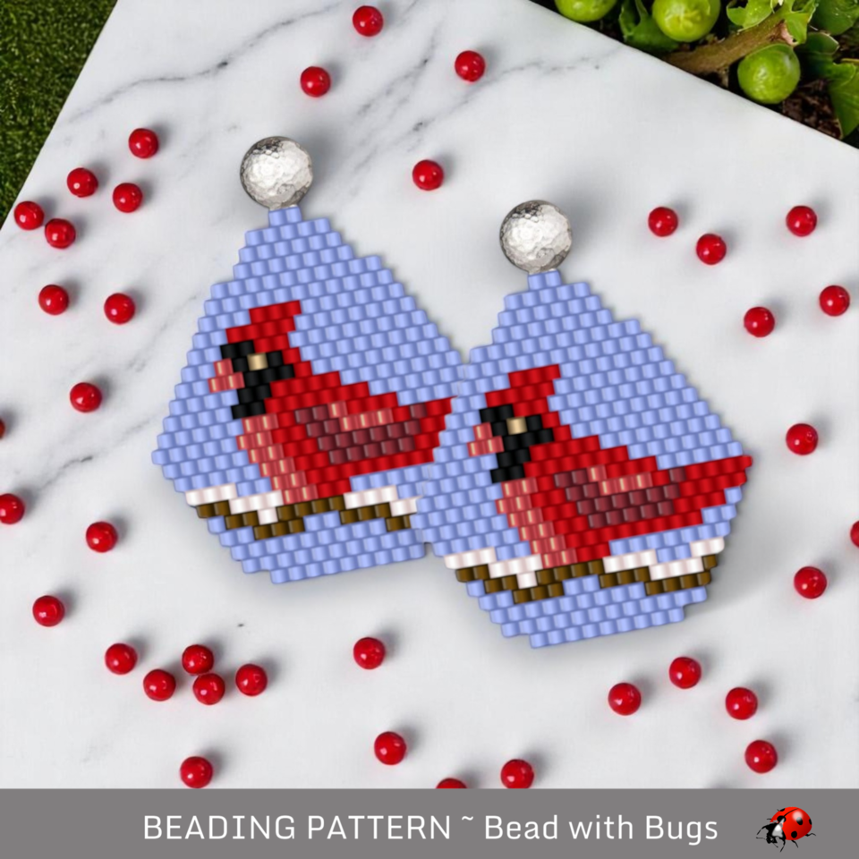 WINTER CARDINAL:  Brick Stitch Beaded Earrings Pattern by Bead with Bugs