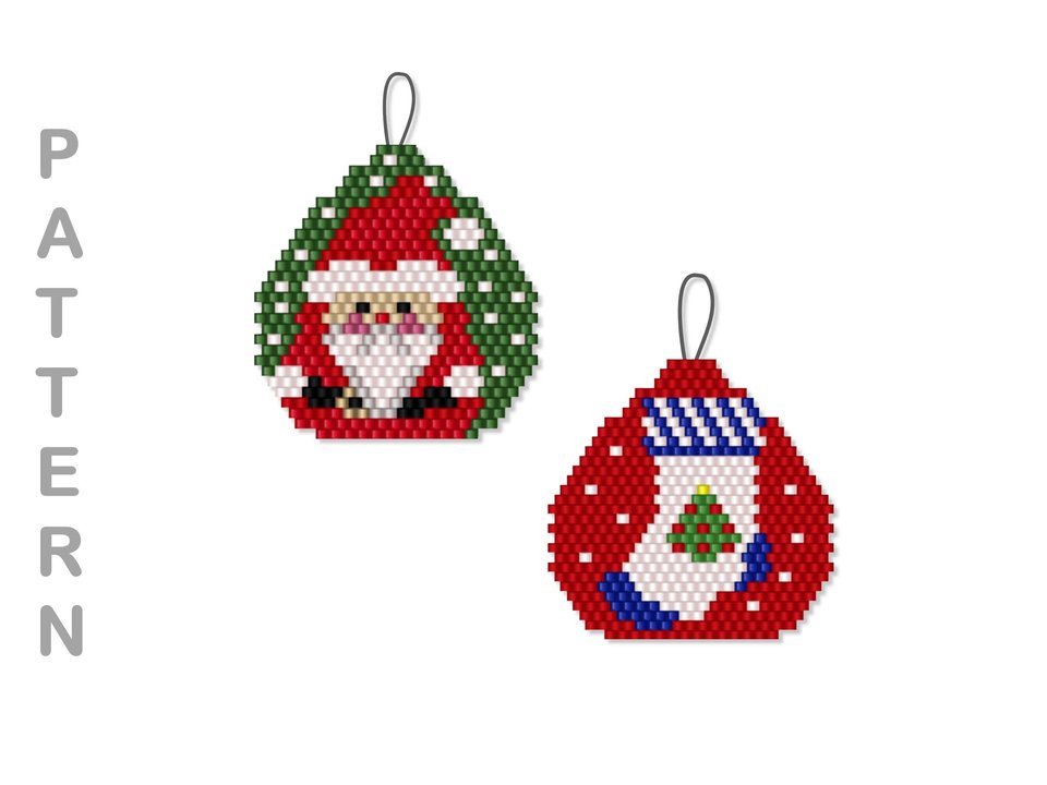 SANTA AND STOCKING:  Beaded Brick Stitch Ornament Pattern by Bead with Bugs