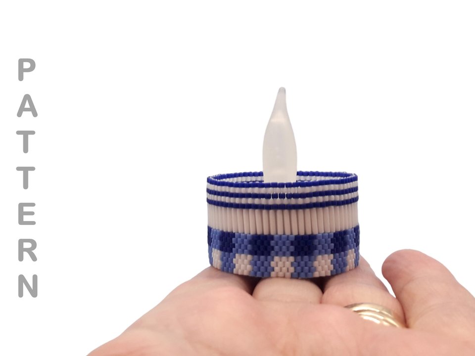 BLUE GINGHAM: Peyote Stitch Beaded Tea Light Cover Pattern by Bead with Bugs