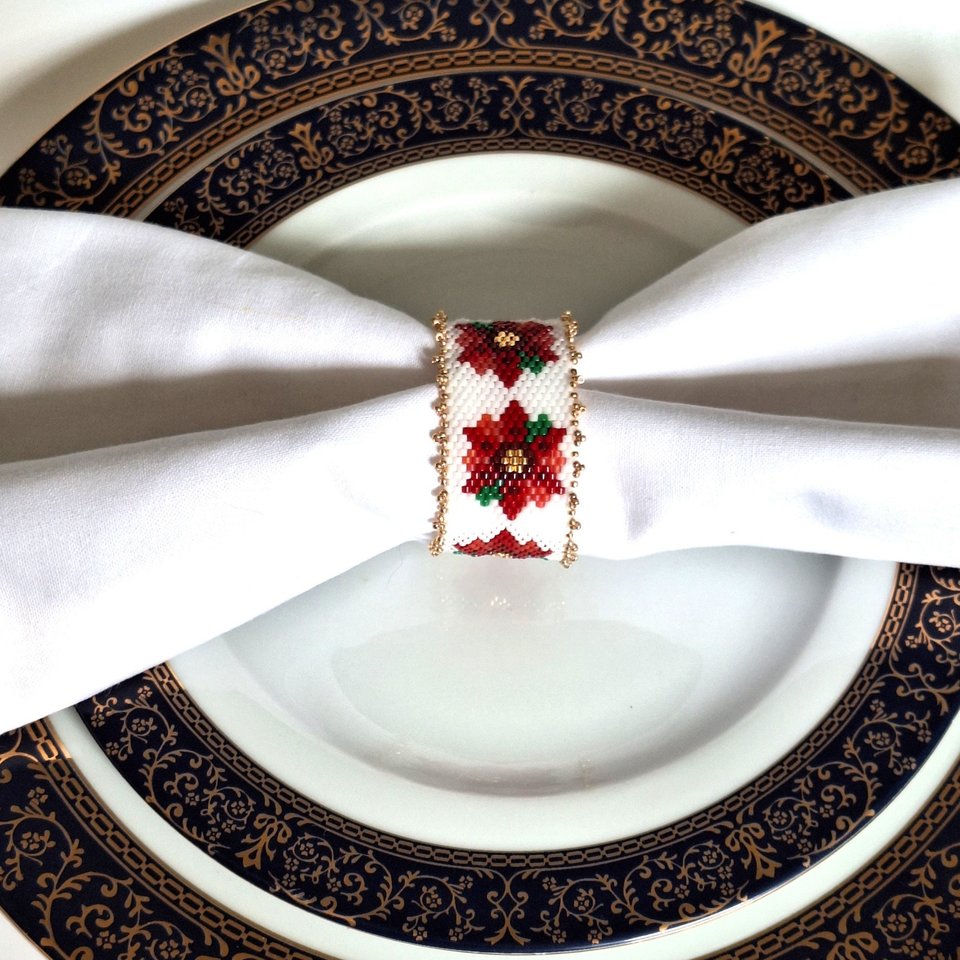 POINSETTIAS:  Beaded Napkin Ring Pattern by Bead with Bugs