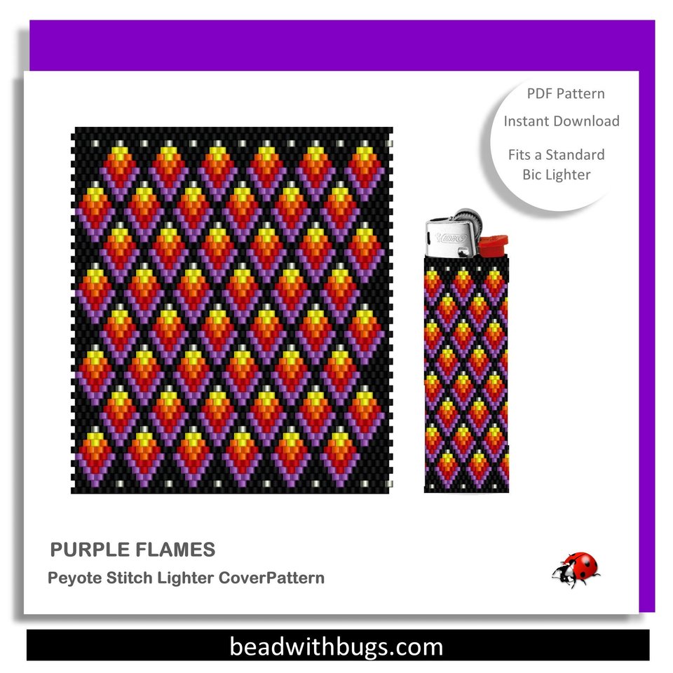 PURPLE FLAME:  Peyote Stitch Beaded Lighter Cover by Bead with Bugs