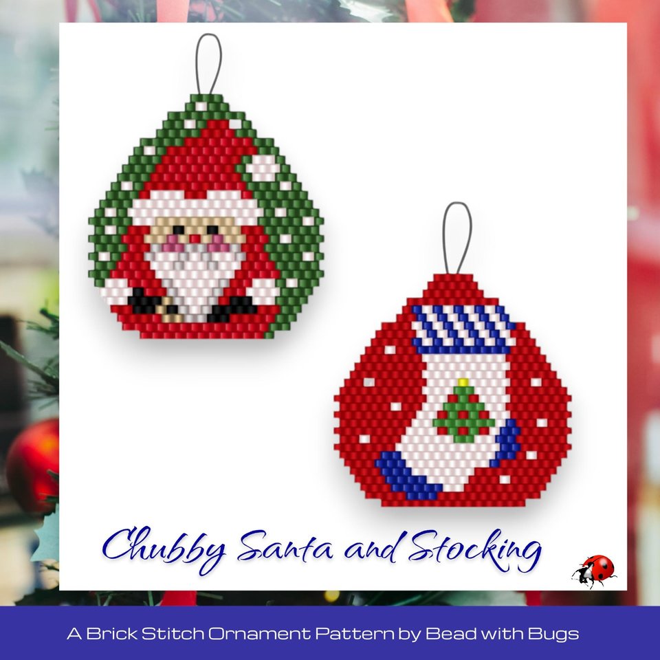 SANTA AND STOCKING:  Beaded Brick Stitch Ornament Pattern by Bead with Bugs