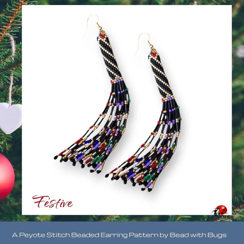 FESTIVE: Peyote Stitch Fringed Tube Earring Pattern by Bead with Bugs