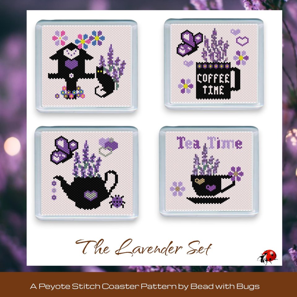 LAVENDER THEMED  SET: Peyote Stitch Beaded Coaster Pattern by Bead with Bugs