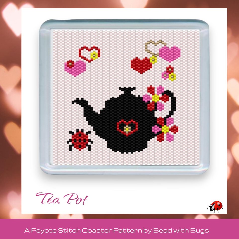 VALENTINE TEA POT: Peyote Stitch Beaded Coaster Pattern by Bead with Bugs