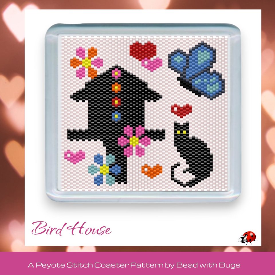 VALENTINE BIRD HOUSE: Peyote Stitch Beaded Coaster Pattern by Bead with Bugs