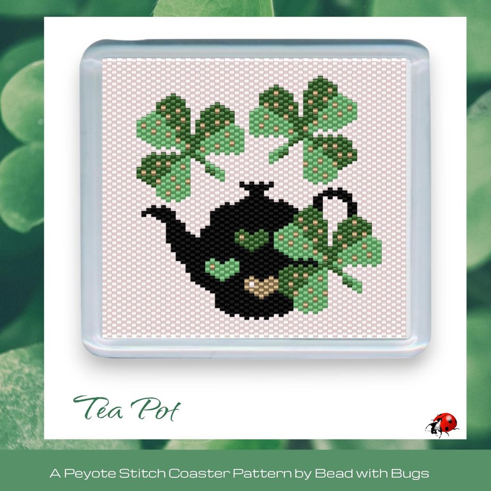 SHAMROCKS TEA POT: Peyote Stitch Beaded Coaster Pattern by Bead with Bugs