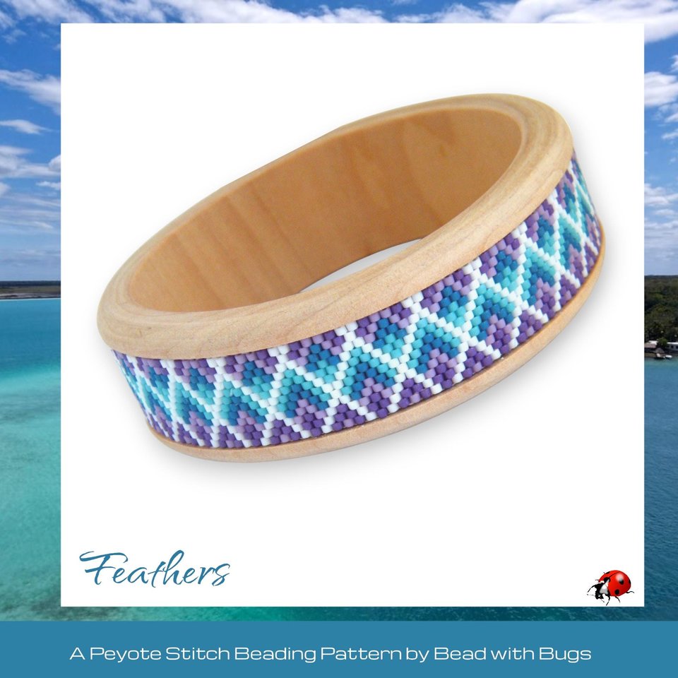 Peyote Stitch Beaded Bangle Band Pattern by Bead with Bugs, Feathers, Blue and purple geometric design, PDF