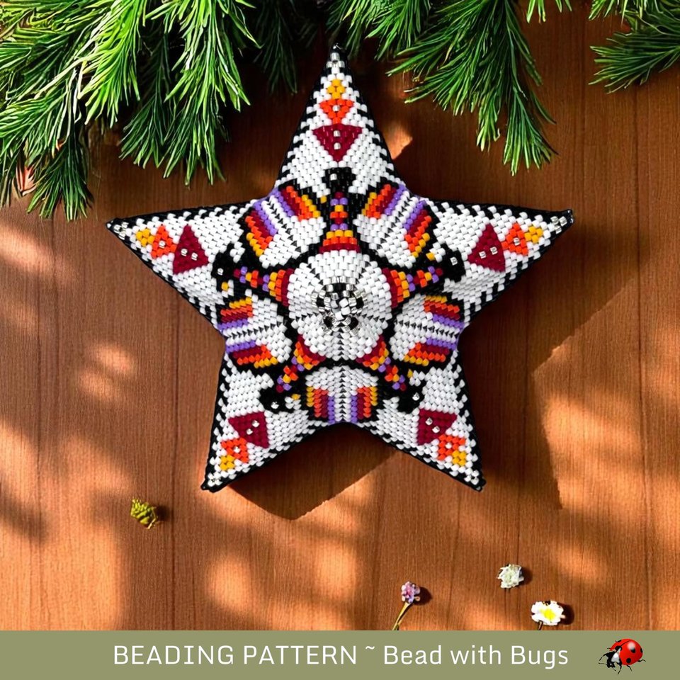 3D Beaded Peyote Star Pattern by Bead with Bugs, Thunderbird, tree decoration, ornament, PDF