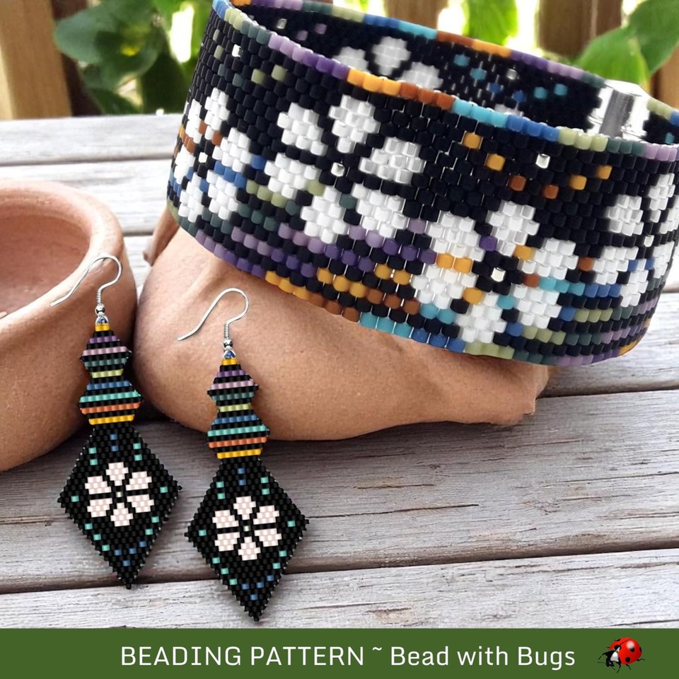 Peyote Stitch Beaded Bracelet an Earrings Pattern Set, GOOD TO GROW, a moody garden styled set, pdf