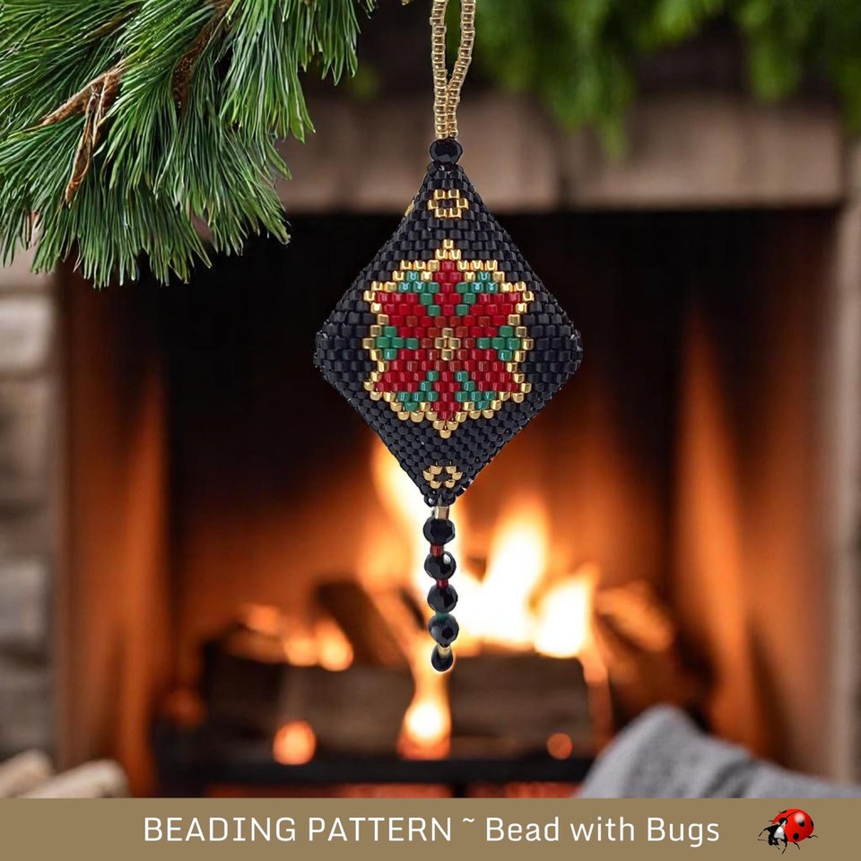 Elegant 3D Poinsettia Beaded Peyote Stitch POD Ornament- Black & Gold Finish Decor