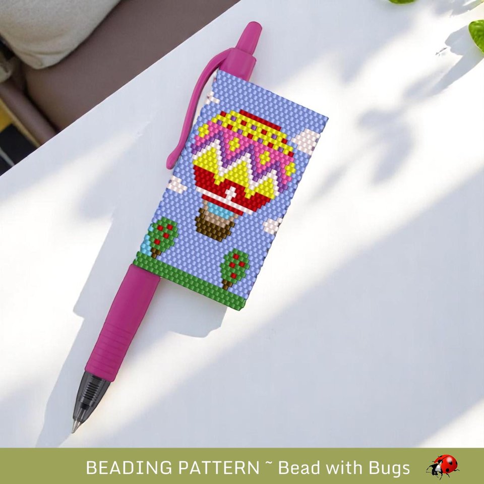 Peyote Stitch Beaded Pen Wrap by Bead with Bugs, HOT AIR BALLOON, Beaded Pen Wrap for Pilot G2 Pen