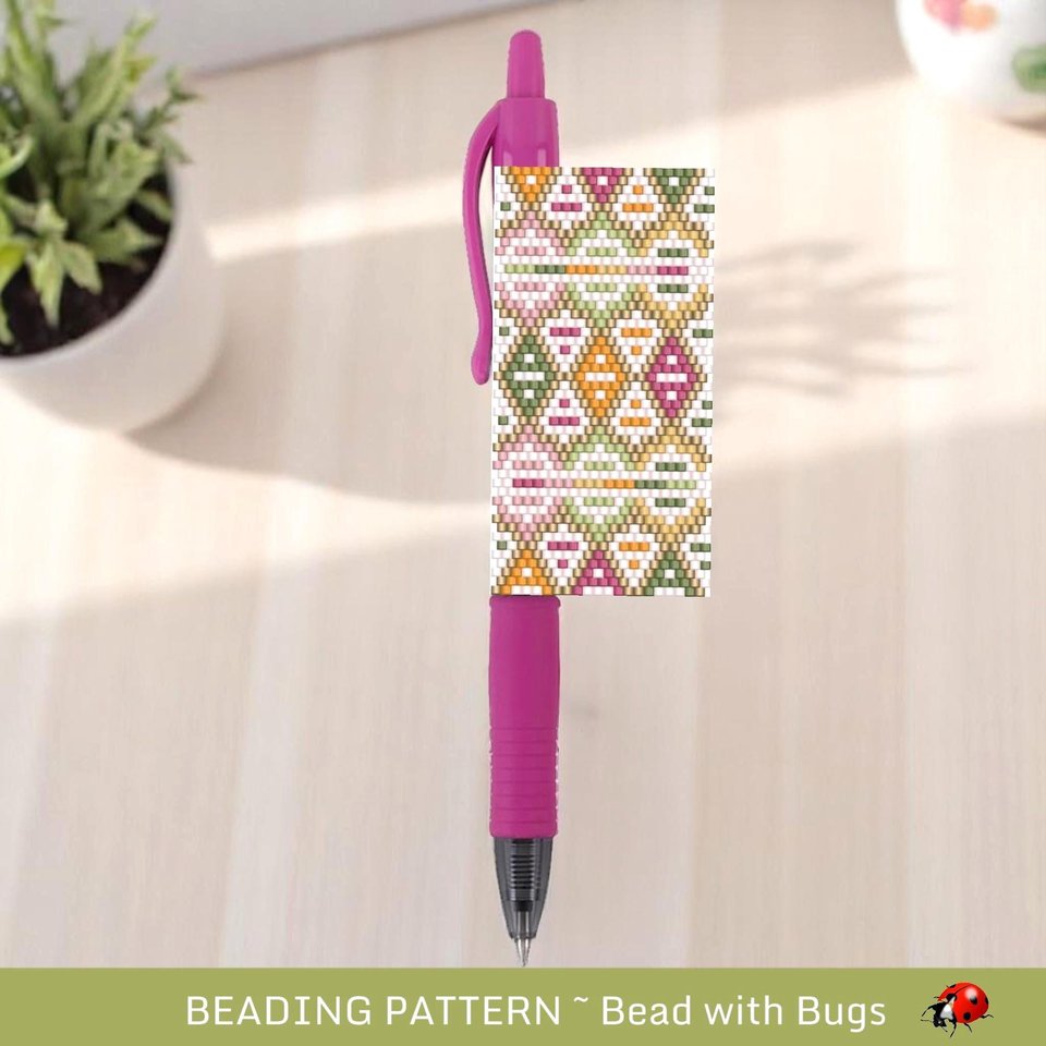 Peyote Stitch Beaded Pen Wrap by Bead with Bugs, IN LIVING COLOUR, Beaded Pen Wrap Pattern for Pilot G2 Pen