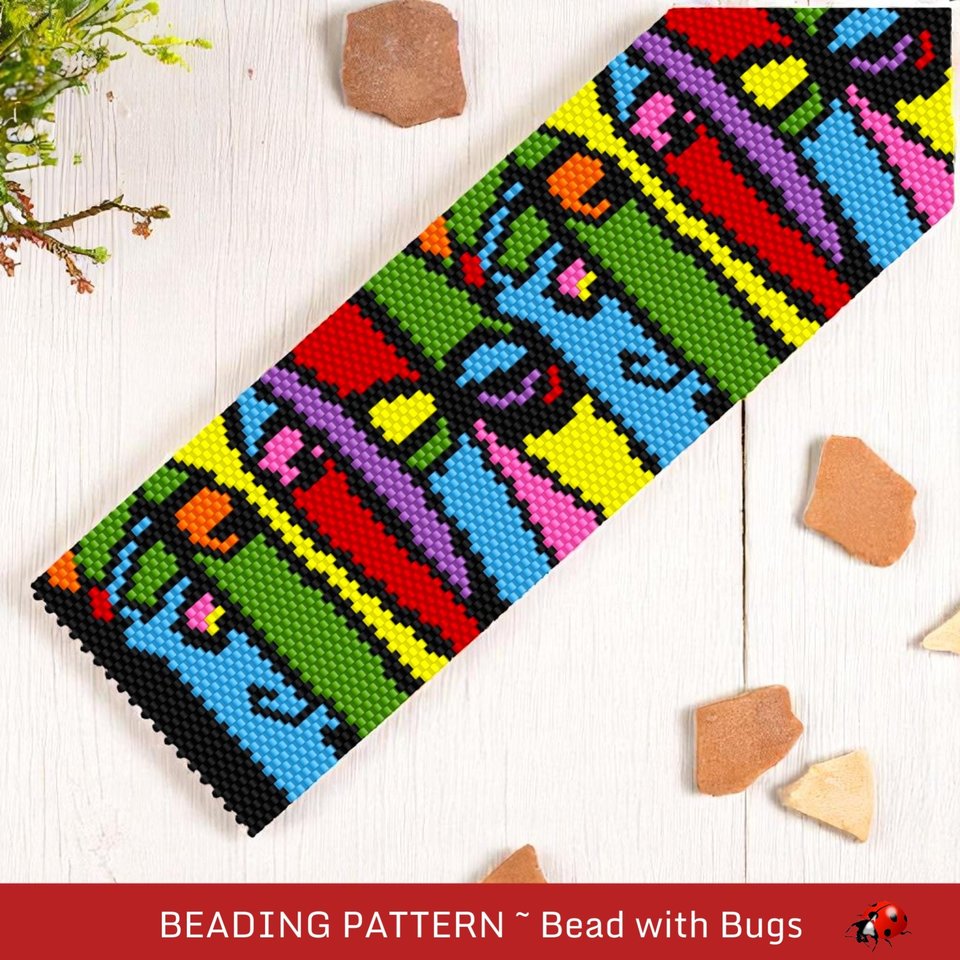 Peyote Stitch WIDE Beaded Bracelet Pattern by Bead with Bugs, THE WATCHERS, pdf