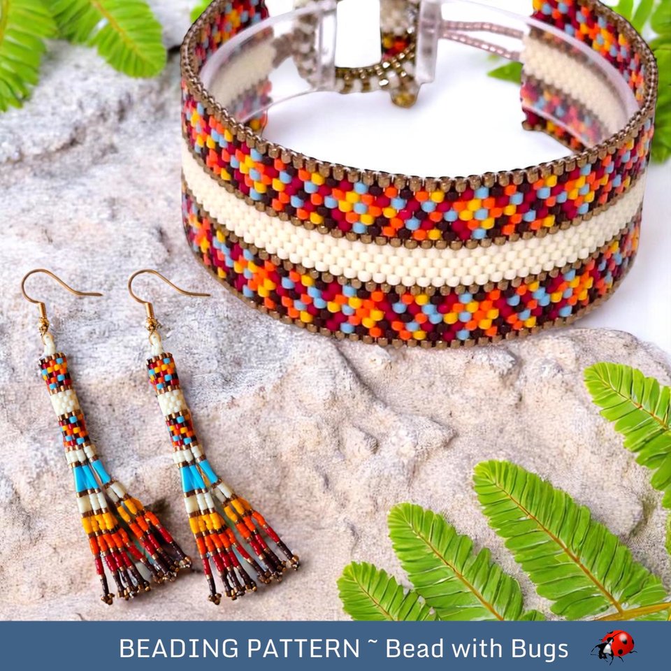 Peyote Stitch Beaded Bracelet and Earrings Pattern Set, FIRE & ICE 2, Southwestern Design, PDF