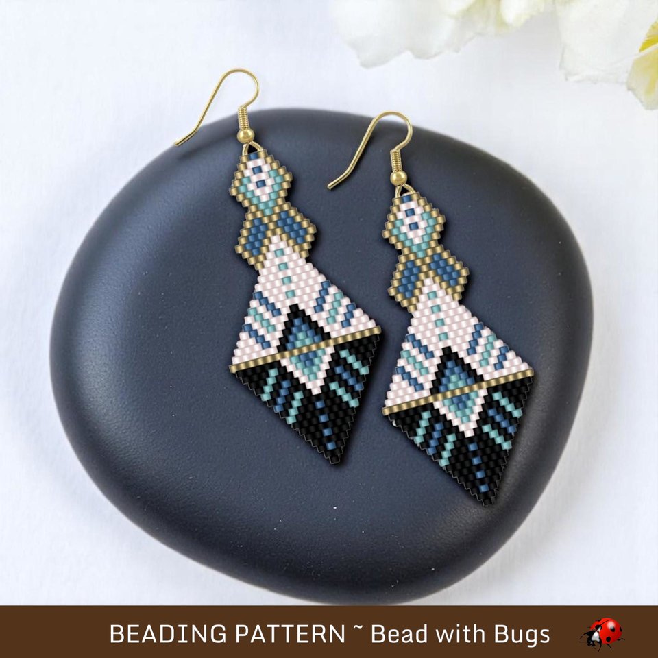 Peyote Stitch Beaded Bracelet an Earrings Pattern Set, OPPOSITES ATTRACT, a geometric bracelet and earring set in cool blues, pdf