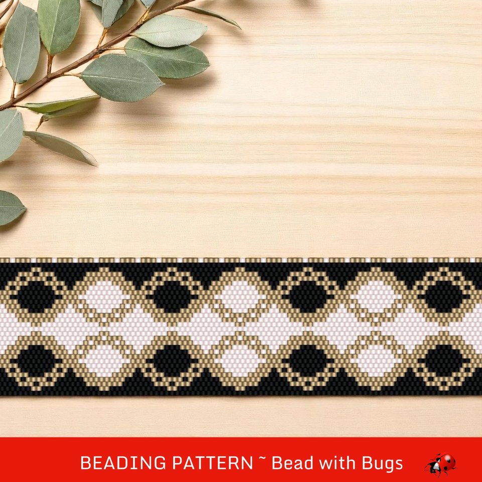 Peyote Stitch WIDE Beaded Bracelet Pattern by Bead with Bugs, Black White and Gold, PDF