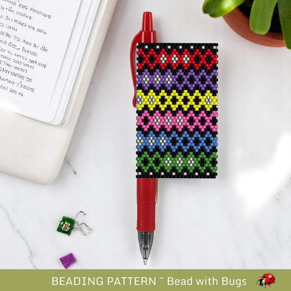 Peyote Stitch Beaded Pen Wrap by Bead with Bugs, BRIGHT AND HAPPY, Beaded Pen Wrap Pattern for Pilot G2 Pen