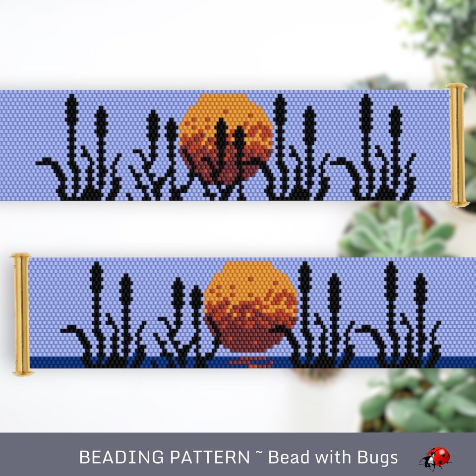 Peyote Stitch WIDE Beaded Bracelet Pattern by Bead with Bugs, Bullrushes, PDF