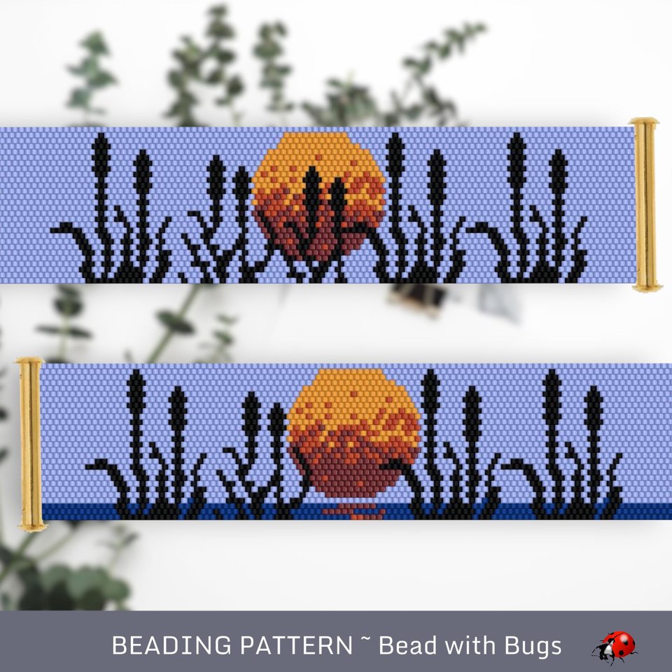 Peyote Stitch WIDE Beaded Bracelet Pattern by Bead with Bugs, Bullrushes, PDF