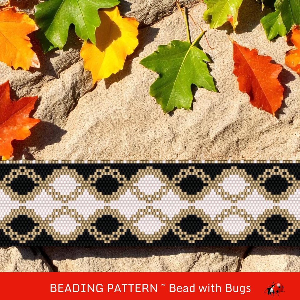 Peyote Stitch WIDE Beaded Bracelet Pattern by Bead with Bugs, Black White and Gold, PDF
