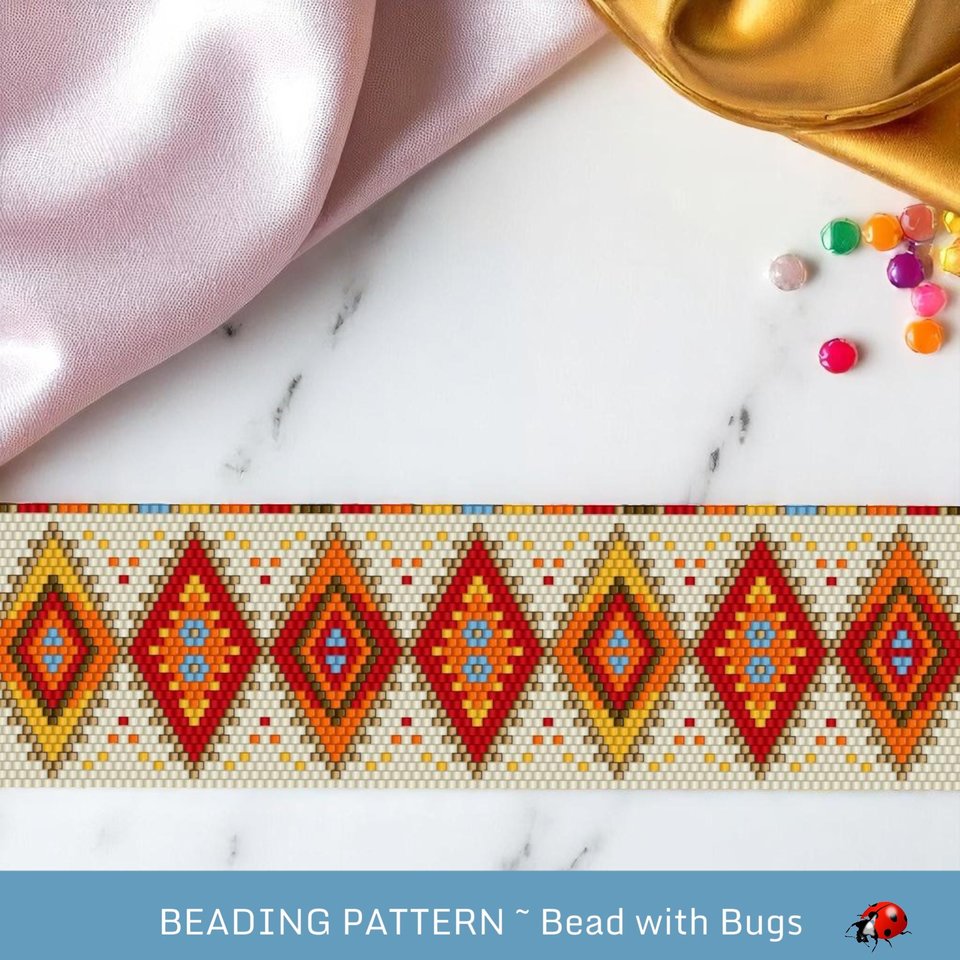 Peyote Stitch WIDE Beaded Bracelet Pattern by Bead with Bugs, Fire and Ice, PDF
