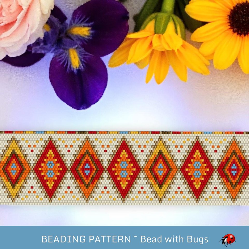 Peyote Stitch WIDE Beaded Bracelet Pattern by Bead with Bugs, Fire and Ice, PDF