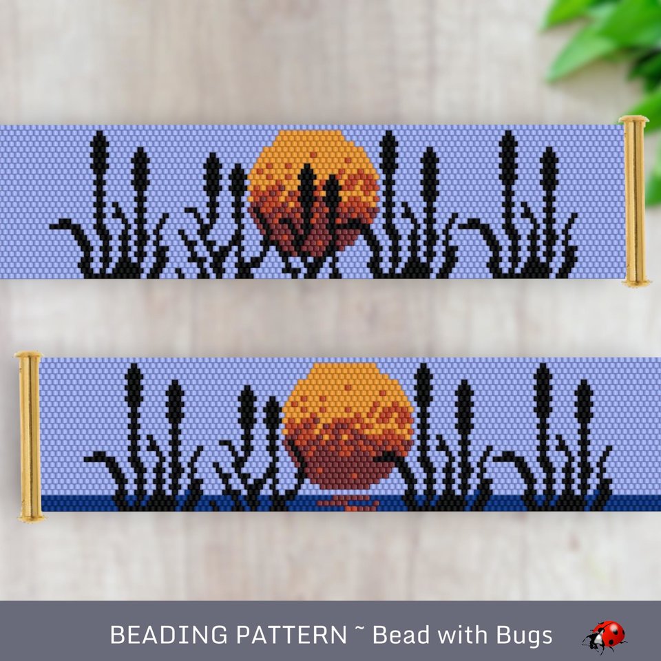 Peyote Stitch WIDE Beaded Bracelet Pattern by Bead with Bugs, Bullrushes, PDF