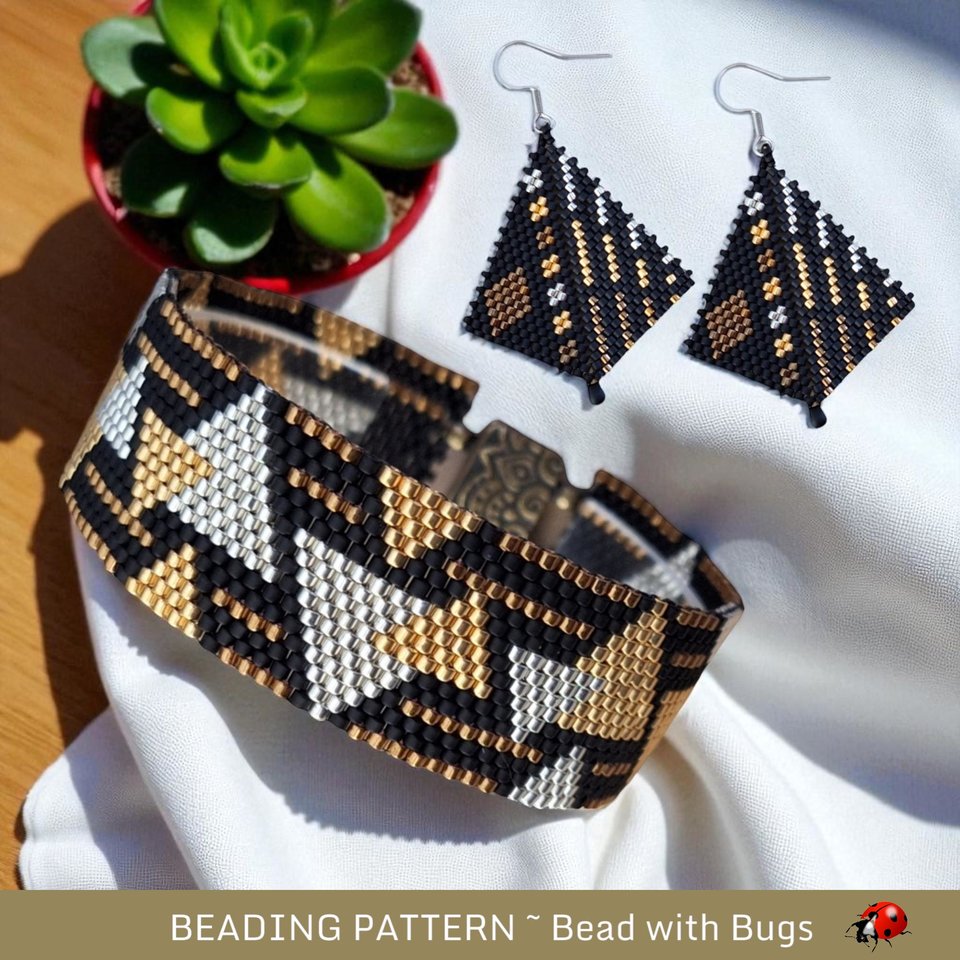 Peyote Stitch Beaded Bracelet an Earrings Pattern Set, Mixed Metals, PDF