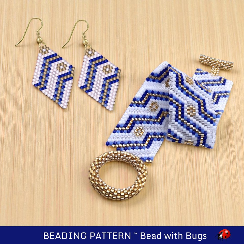 Peyote Stitch Beaded Bracelet and Earrings Pattern Set, Lady Sings the Blues, PDF