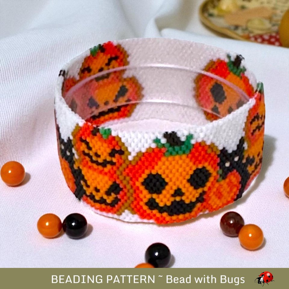 Peyote Stitch Beaded Bracelet Pattern by Bead with Bugs, Jack O Lanterns with Cats, PDF
