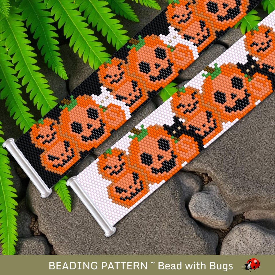 Peyote Stitch Beaded Bracelet Pattern by Bead with Bugs, Jack O Lanterns with Cats, PDF