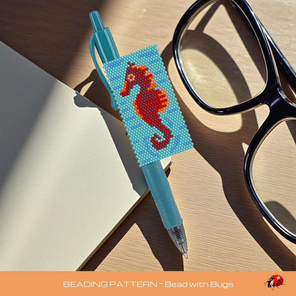 Peyote Stitch Beaded Pen Wrap by Bead with Bugs, SEAHORSE, Beaded Pen Wrap Cover for a Pilot G2 Pen
